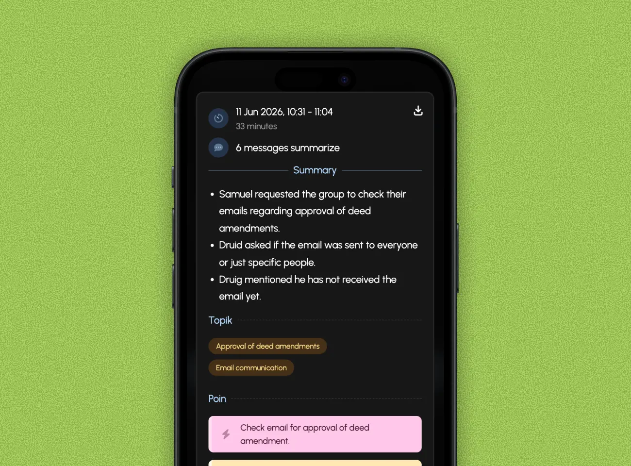 After Sumrize workspace summary mockup